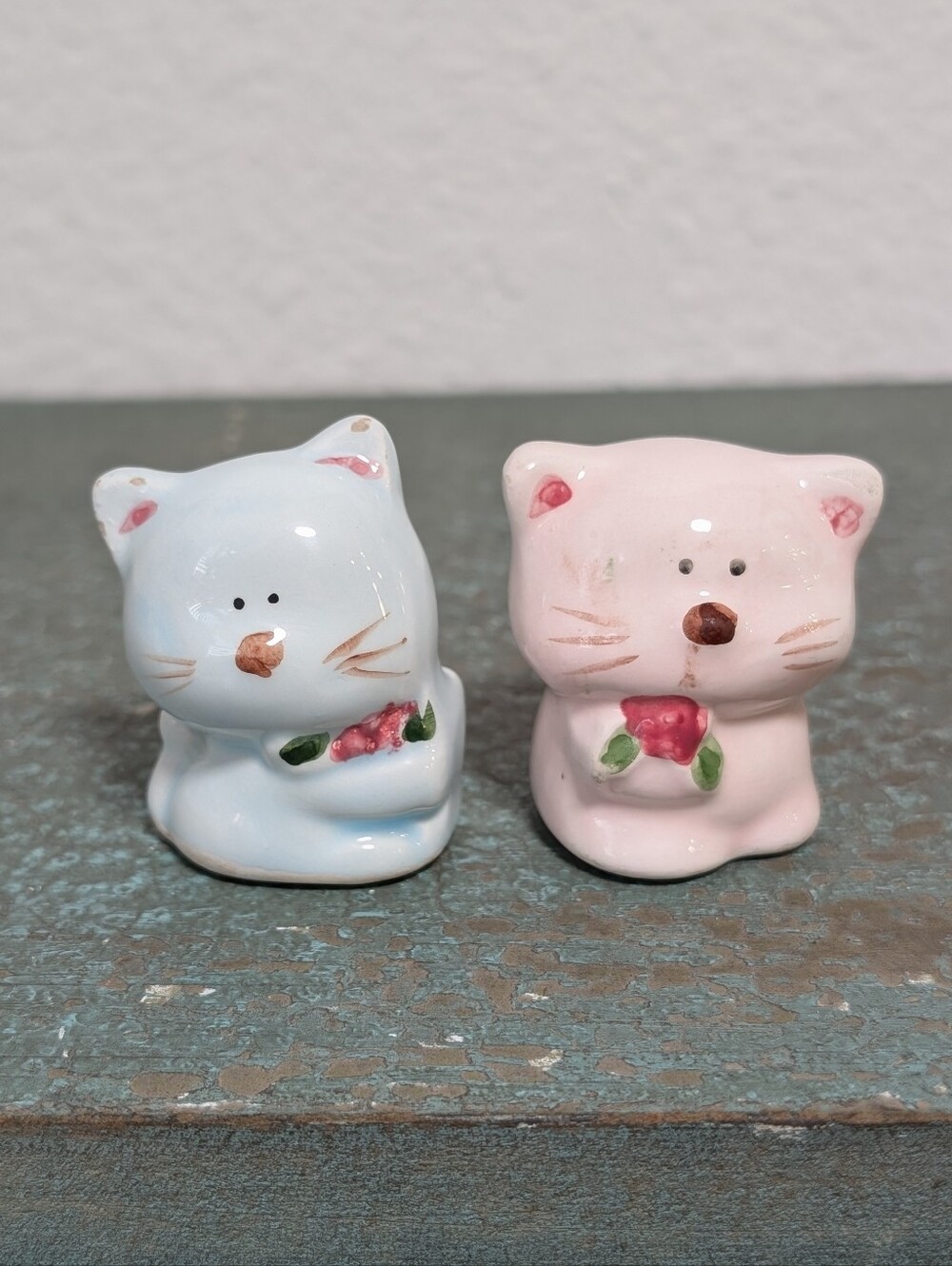 Pair of 2 Miniature Small Ceramic Blue and Pink Cat Figurines with Flowers